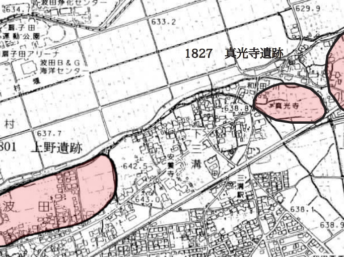 松本市波田の三溝駅近くにある真光寺遺跡を示す地図