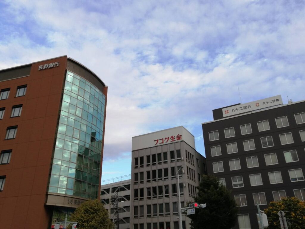 松本市にある八十二銀行と長野銀行のビル